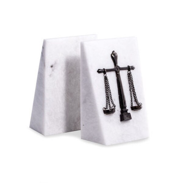 White marble Legal Bookends Justice Scales relief in antique silver plated